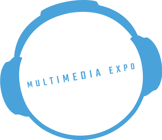 PODFEST Expo Logo Headphone Logo reading "POD FEST Multimedia Expo" in bold white and blue lettering.