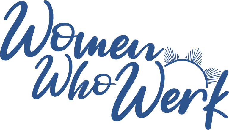 Women who werk Logo - original blue Logo reading "Woman Who Werk" in blue and cursive lettering.